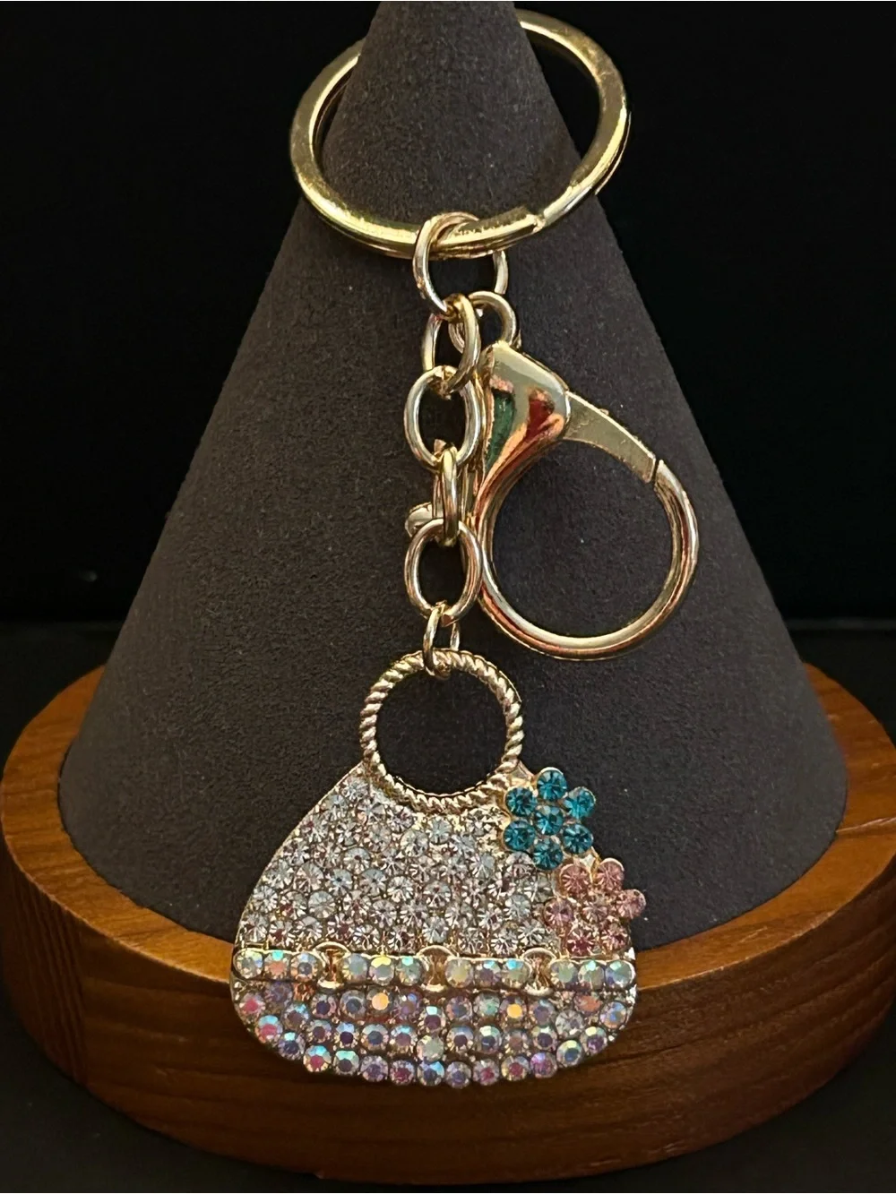 Iridescent Crystal Pavé Purse 👛 Bag Charm Keychain w/Pink & Blue Flower Accents